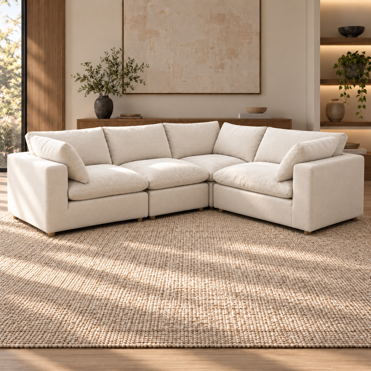 Norwick Beige Down-Filled Cloud 4-Piece Corner Sectional — Beige four-piece corner sectional in the supplier’s first layout.