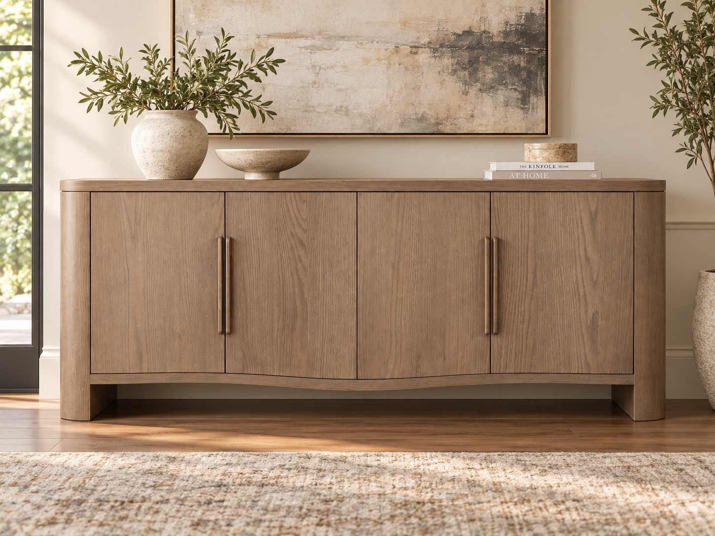Norwick Elara Stained Walnut sideboard with four closed doors and vertical handles, shown in a staged room