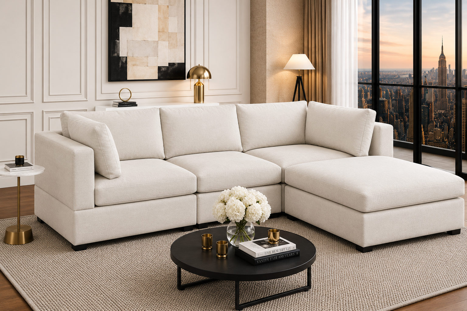 Unity Beige four-piece reversible sectional in a styled living room